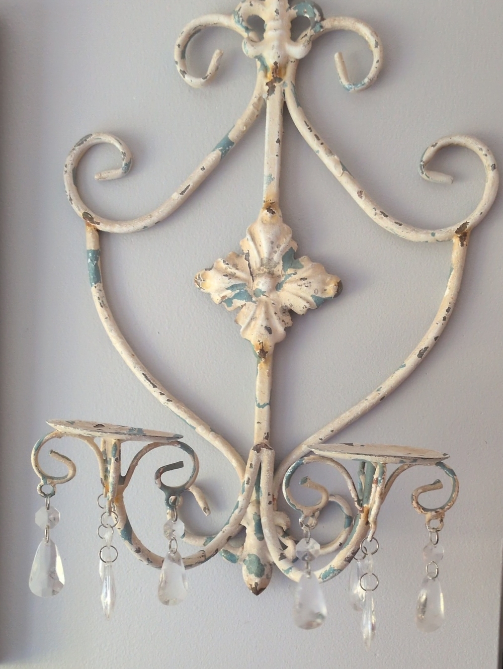 Vintage-Inspired Cream and Teal Wall Sconce with Crystal Drops